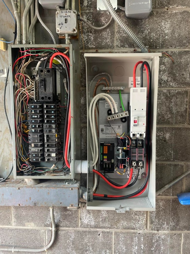 Open breaker panel and Generac transfer switch wiring